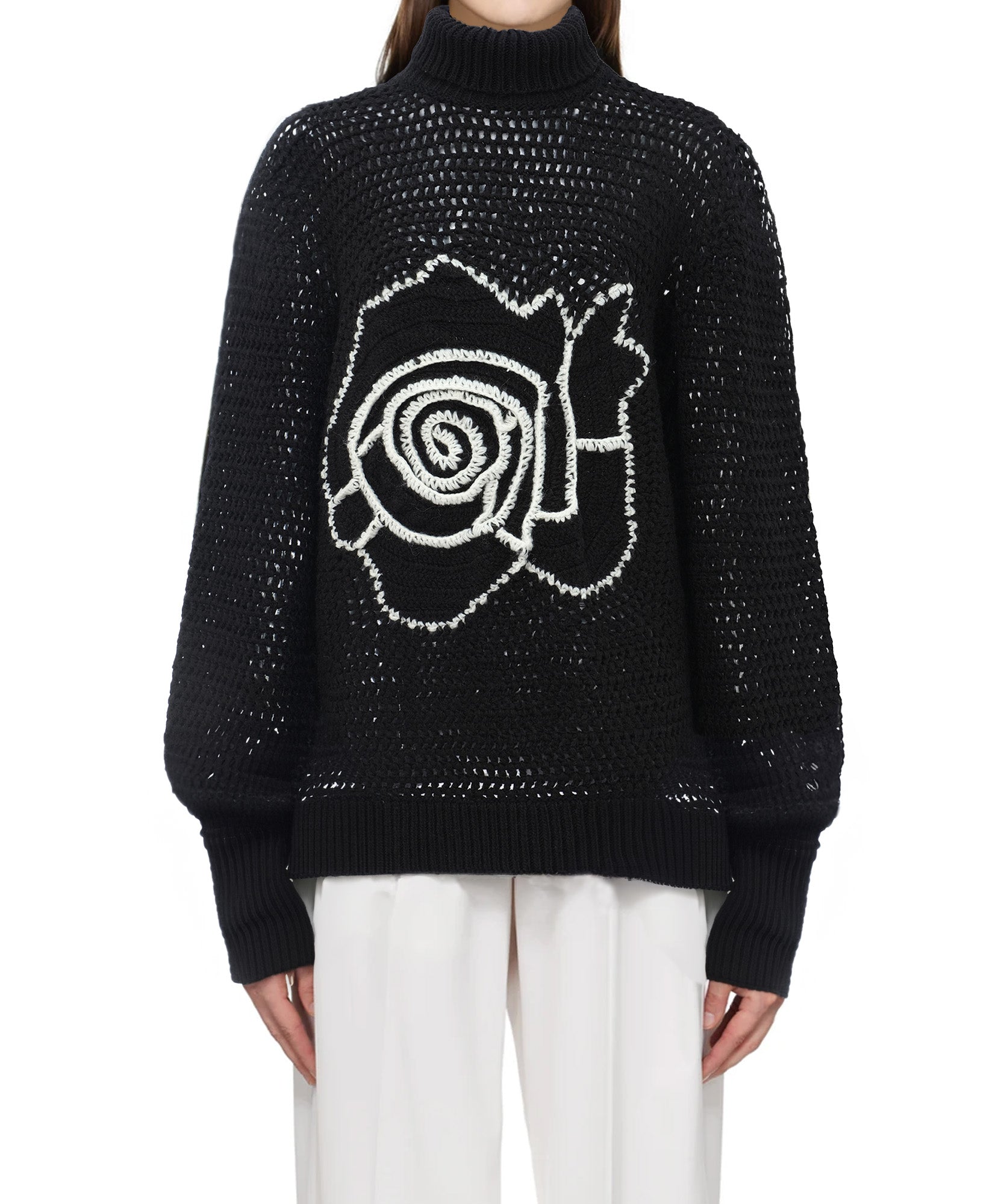 Black Crochet Rose Oversize Sweater