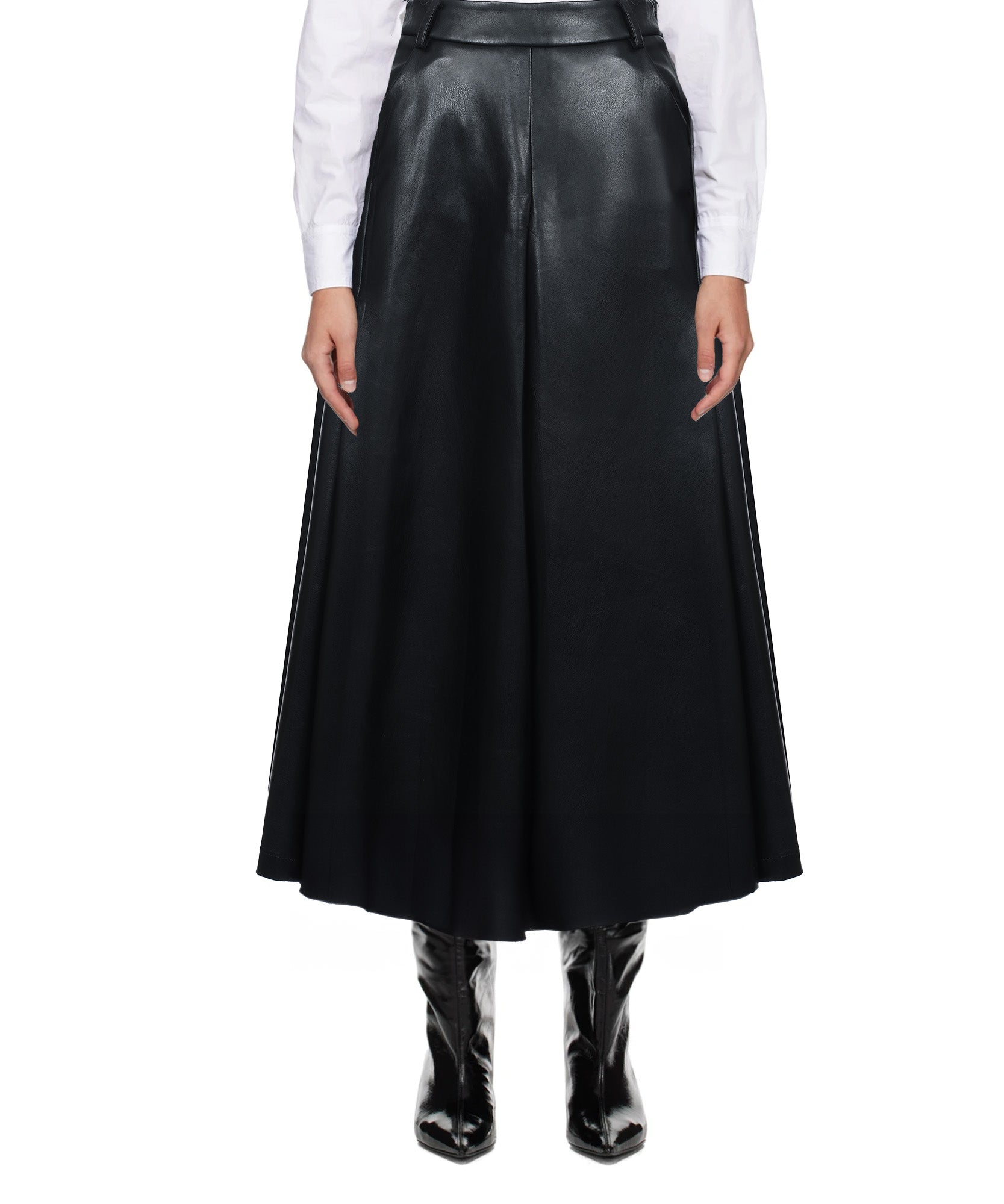 Black Leather Pleated Midi Skirt
