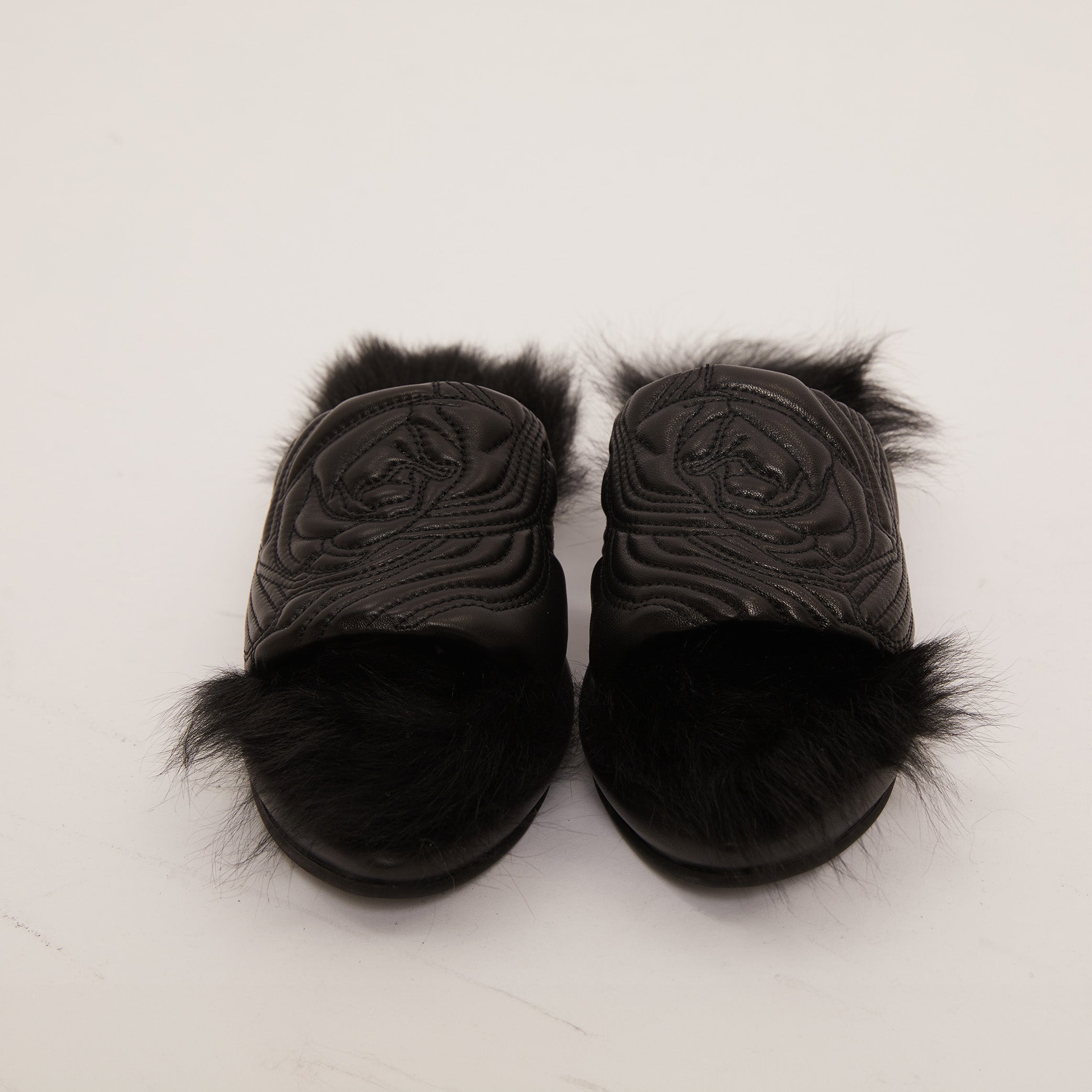 Black Rose Quilted Fur Slippers