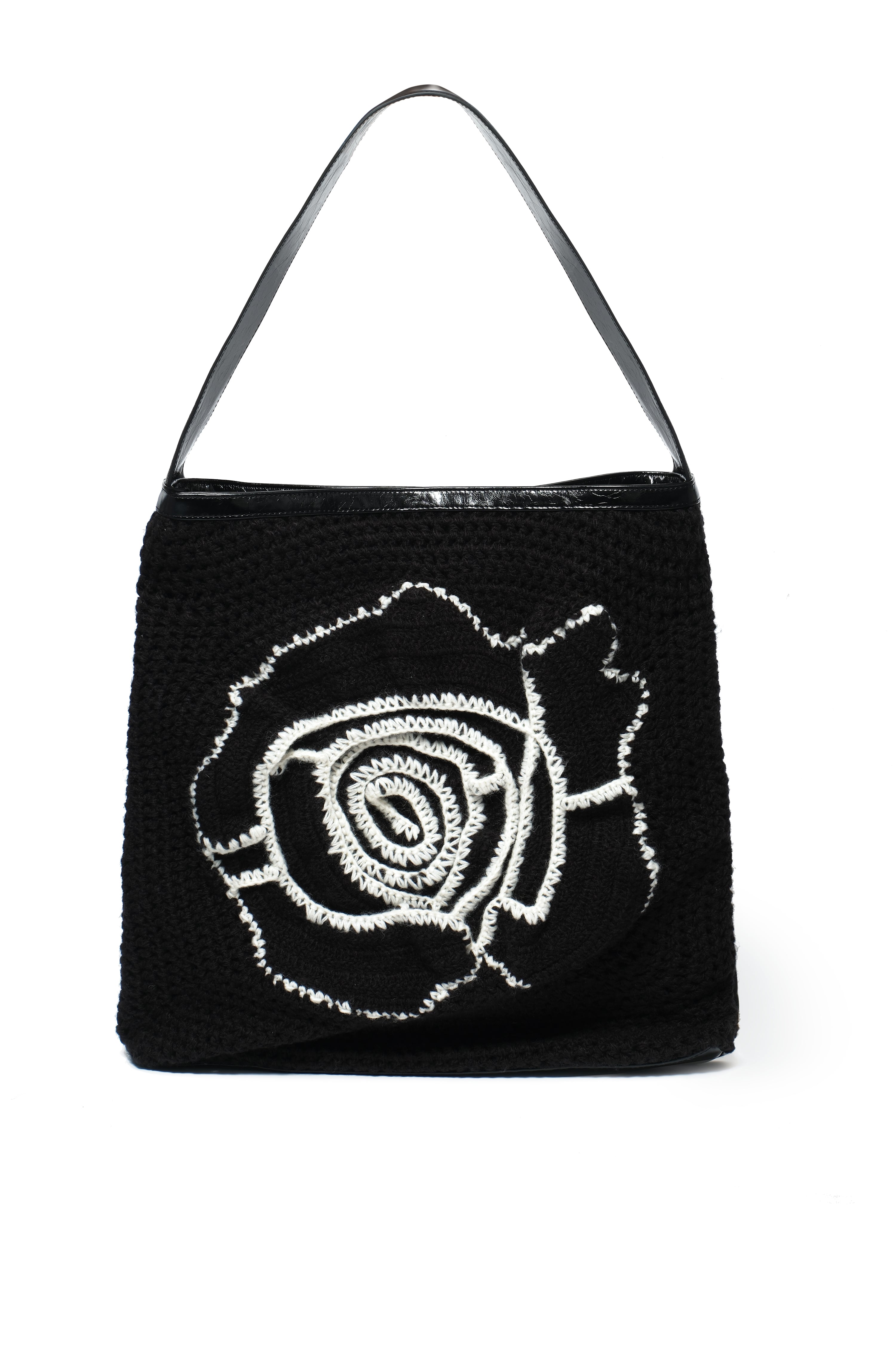 Black Floral Crochet Leather Tote